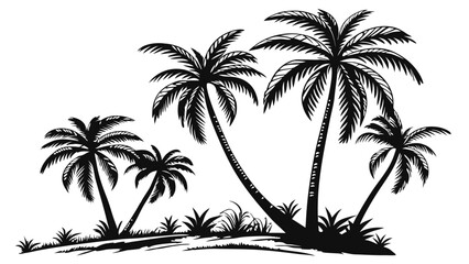 A striking black silhouette of a tropical island landscape featuring several palm trees and lush vegetation against a clean white background
