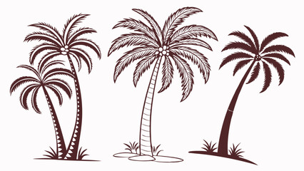 Three stylized brown silhouette palm trees with coconuts and green grass against a white background