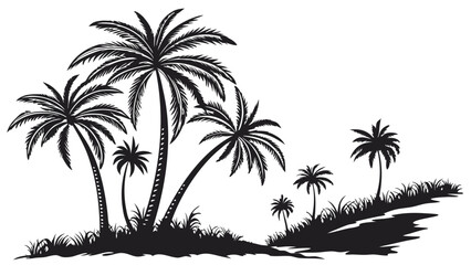 A striking black and white silhouette of a tropical island scene with multiple palm trees and lush vegetation