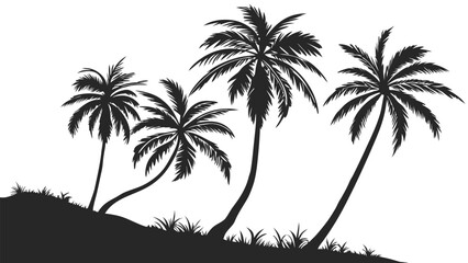 Silhouette of four palm trees with lush green grass on a rolling hill against a stark white background
