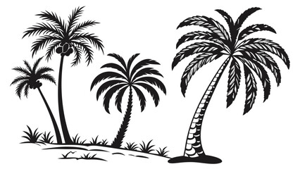 Collection of stylized black silhouette palm trees with coconuts and tropical foliage against a white background