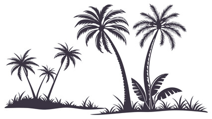 Silhouette of several palm trees and tropical foliage on a white background representing a serene beach scene