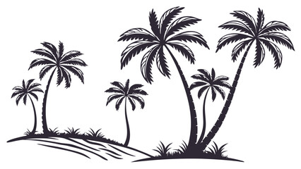 Silhouette of lush palm trees with grassy foreground against a clean white background representing a tropical paradise