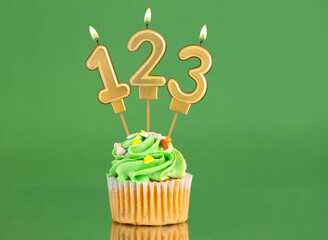 Birthday card with candle and cupcake - Number 123 on a green background