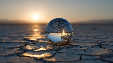 Obraz premium Mysterious reflective sphere lies quietly on drought-ravaged soil under golden sunset skies