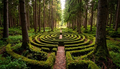 Lush green maze in a forest
