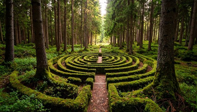 Lush green maze in a forest