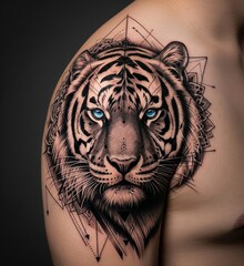 Realistic tiger tattoo on shoulder with blue eyes and geometric details. Tatuagem de um tigre realista no ombro com olhos azuis