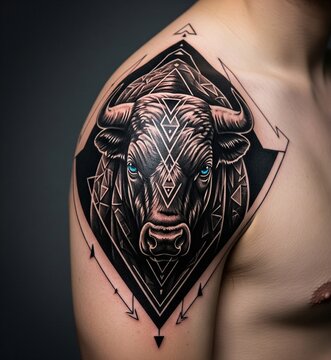 Realistic bull tattoo on shoulder with blue eyes and geometric details. Tatuagem de um touro realista no ombro com olhos azuis.