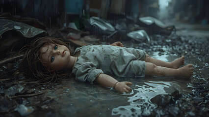 Abandoned Doll in Rainy Slum Alley – Emotional Watercolor-Style Scene of Neglect and Sadness