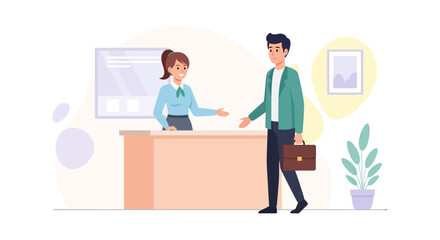 Fototapeta premium Friendly Receptionist Welcoming Businessman at Office Desk.