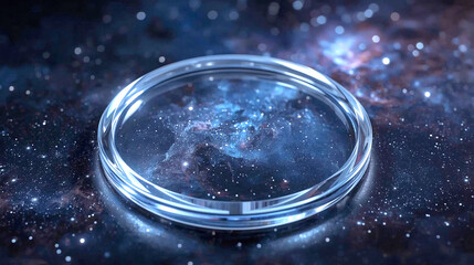 Floating Transparent Glass Circle – Ultra-Detailed Beveled Design with Realistic Lighting and Reflections on a Cosmic Nebula Backdrop in Deep Space Colors