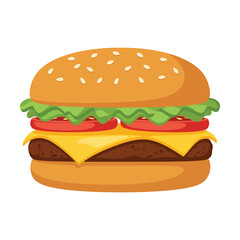 A delicious hamburger with cheese, lettuce, and tomato isolated on white background