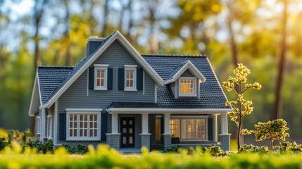 A miniature model of a house with a green roof and white trim, situated in a lush, green garden with trees and bushes.