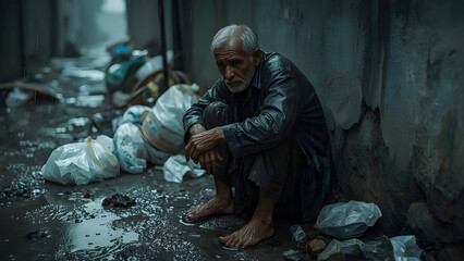 Elderly Palestinian Man Sitting Alone in Slum Alley on Rainy Day – Emotional Urban Portrait in Watercolor Style