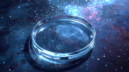 Glass Disc with Smooth Edges on Dark Nebula – Hyper-Realistic Transparent Element with Refraction and Shadow Over Space-Themed Background in Blue and Purple Tones