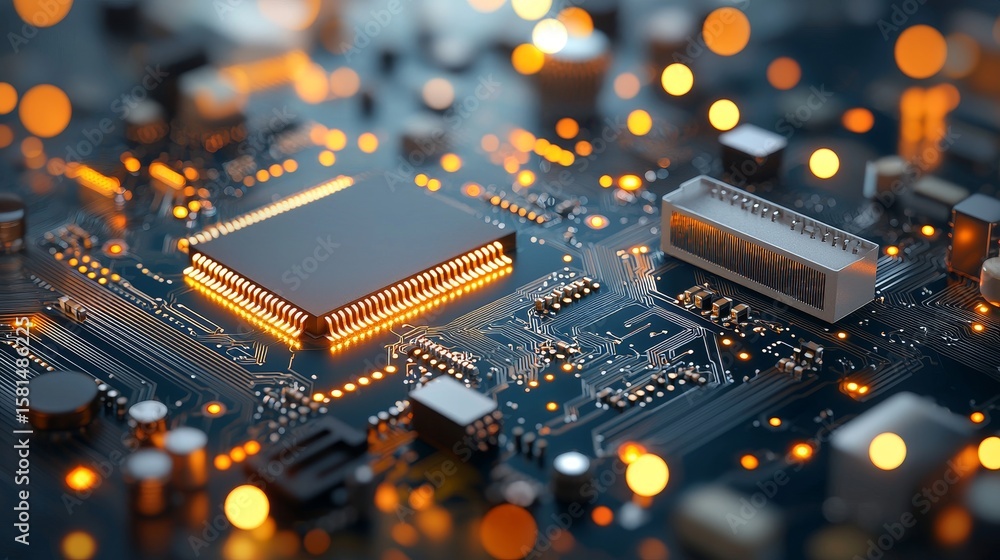 Poster exploring circuitry innovation digital realm macro photography tech environment close-up view modern