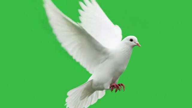 A white dove flying with its wings spread wide against a solid green screen background in a studio shot