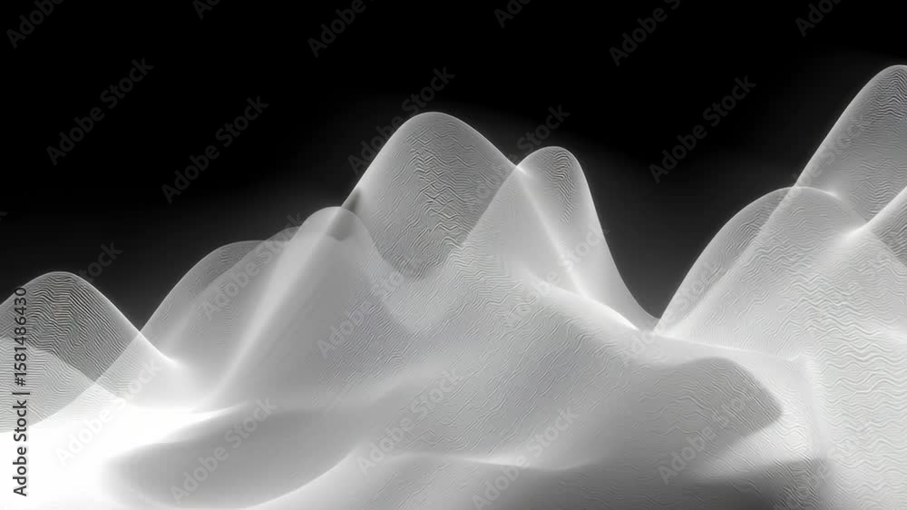 Poster flowing white particle waves forming abstract mountainous shapes on black background. digital sound 
