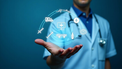 Doctor holding glowing medical icons representing healthcare services and technology in a circular flow