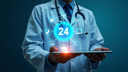 Doctor holding a tablet displaying medical icons and the number 24 representing 24 hour healthcare services