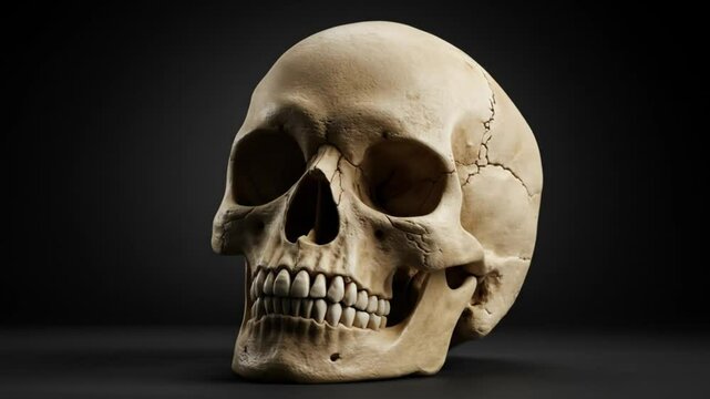A detailed studio shot of a human skull with visible teeth against a dark black background plain backdrop