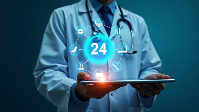 Doctor holding a tablet displaying medical icons and the number 24 representing 24 hour healthcare services