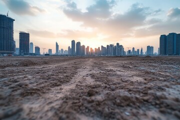 Empty construction site, city skyline in the background.  Vast expanse of brown dirt, pathways,  with modern buildings stretching into a sunset sky