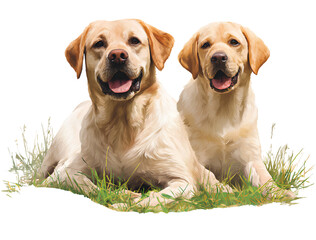 Fototapeta premium Portrait of two Labrador dogs, an adult and a puppy, sitting on the grass. The background is transparent png