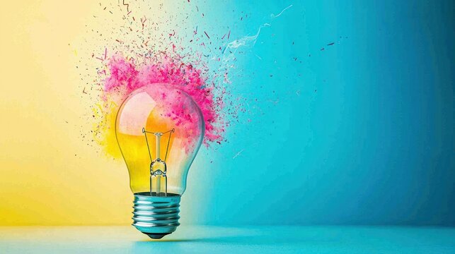 A light bulb with a colorful explosion of pink and yellow colors inside it. - Powered by Adobe