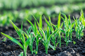 Freshly sprouted corn seedlings in dark soil