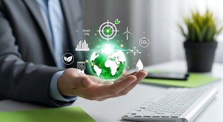A businessman holds a vibrant green globe in his palm, surrounded by icons symbolizing smart city technology, renewable energy, and environmental data for a sustainable future