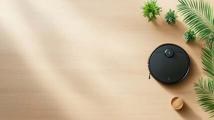 Cleaning action with robot vacuum modern home high-quality image indoor space aerial view innovative technology for effortless cleaning