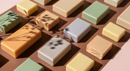 Assortment of Artisanal Natural Soap Bar for Skincare and Wellness, featuring Plant Shadows and Earthy Tones