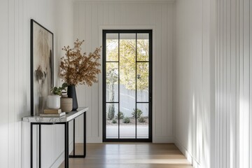 Bright, modern hallway with a view
