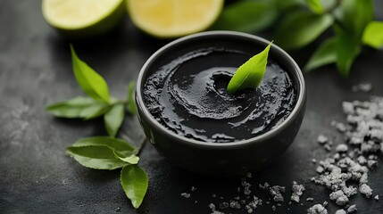 Detox Delight: A dark gray bowl holding a black mud mask, adorned with vibrant green leaves, a hint of citrus and gray salt, showcasing elements of natural skincare.