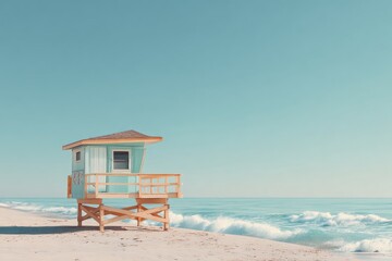 Obraz premium A pastel retro lifeguard tower on the beach with soft blue sky, gentle ocean waves, and minimal summer elements