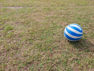 A single blue and white ball on a mostly dry, open grassy area.