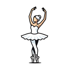 Elegant minimalist vector illustration of a graceful ballerina performing en pointe in a classic ballet pose, wearing a white tutu, with her arms gracefully raised.