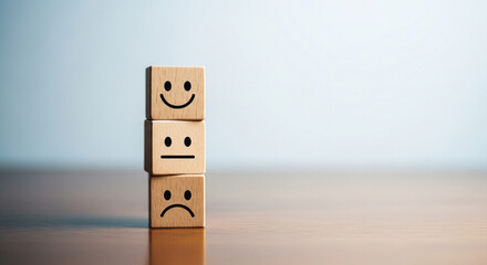 Emotional face icons on stacked cubes illustrating satisfaction surveys, customer experience ratings, and excellence in business services.
