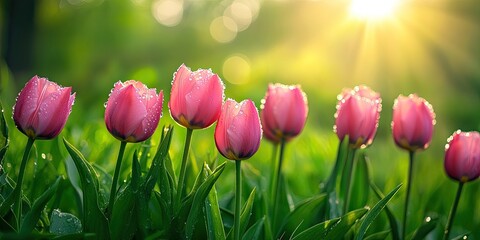 Pink tulips in a sunlit meadow