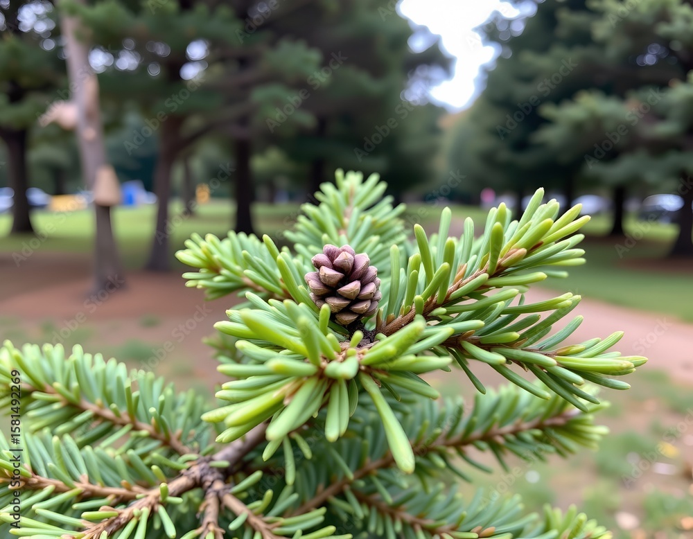 Poster the image presents a close up view of a conifer branch with vibrant green needles, in the center of 