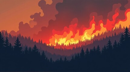 Forest ablaze at sunset.