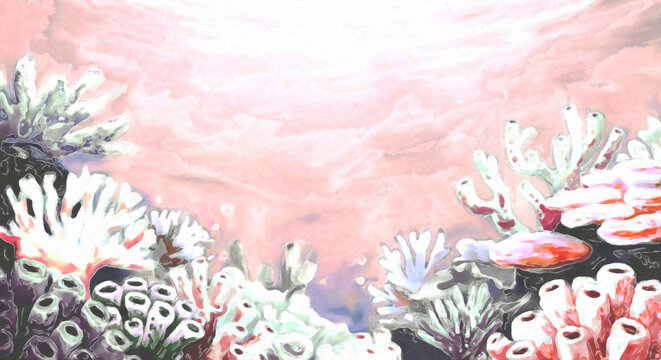 Coral reef art print, pink ocean painting, underwater sea life illustration