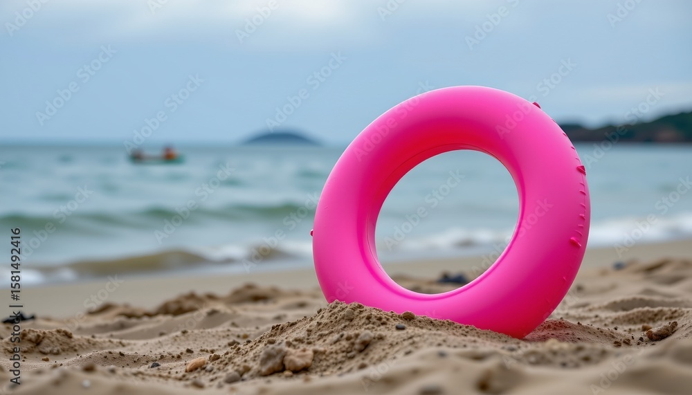 Poster the image shows a vibrant pink floating ring sitting on a beach with a view of calm waters behind it