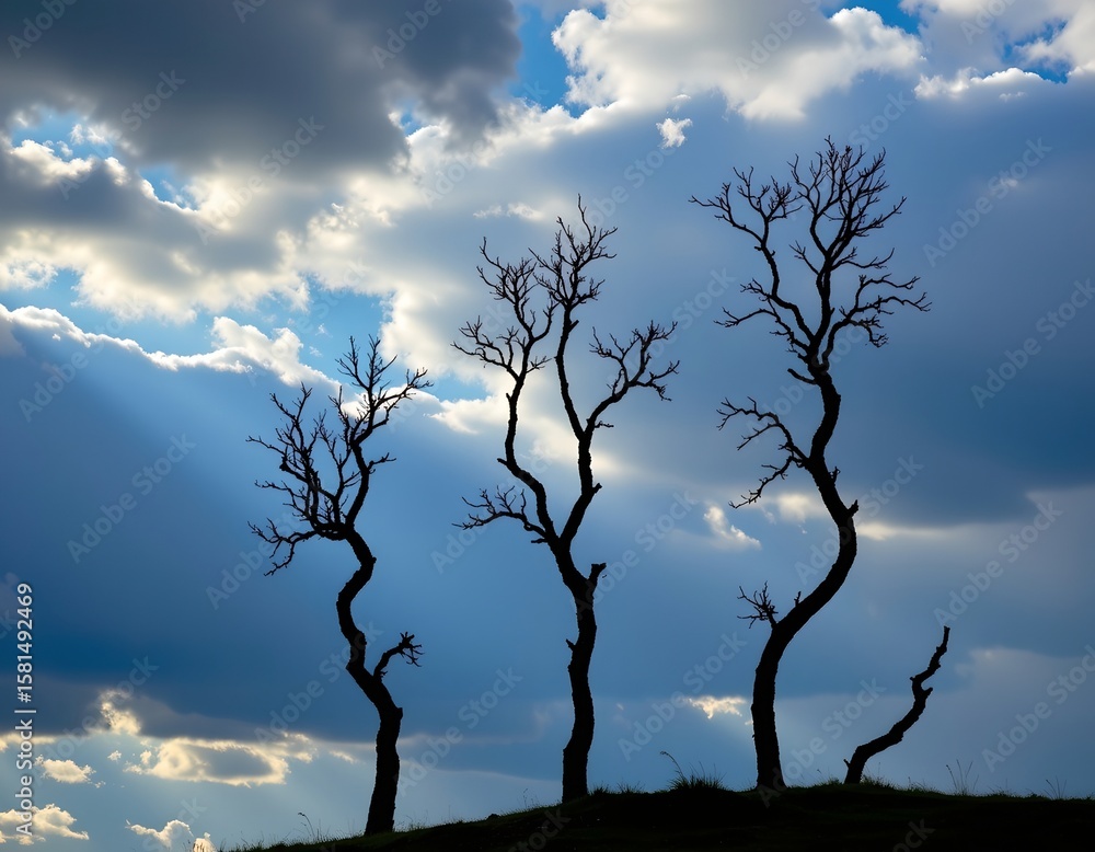 Poster the image shows three slender trees with twisted trunks against a dark blue sky with scattered cloud