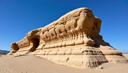 the image shows a rock formation with erosion patterns that resemble wave like shapes on its surface, this rock is situated on a sandy ground with a clear blue sky background.