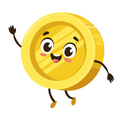 Obraz premium Happy Cartoon Gold Coin Character Smiling and Waving with a Cheerful Expression
