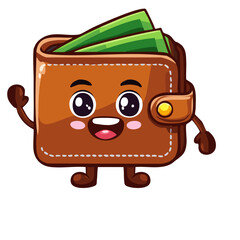 Smiling Cartoon Wallet Character with Cash Inside and Cheerful Face Waving Happily