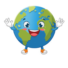 Naklejka premium Smiling Cartoon Earth Character with Arms and Shoes Waving Happily and Cheerfully